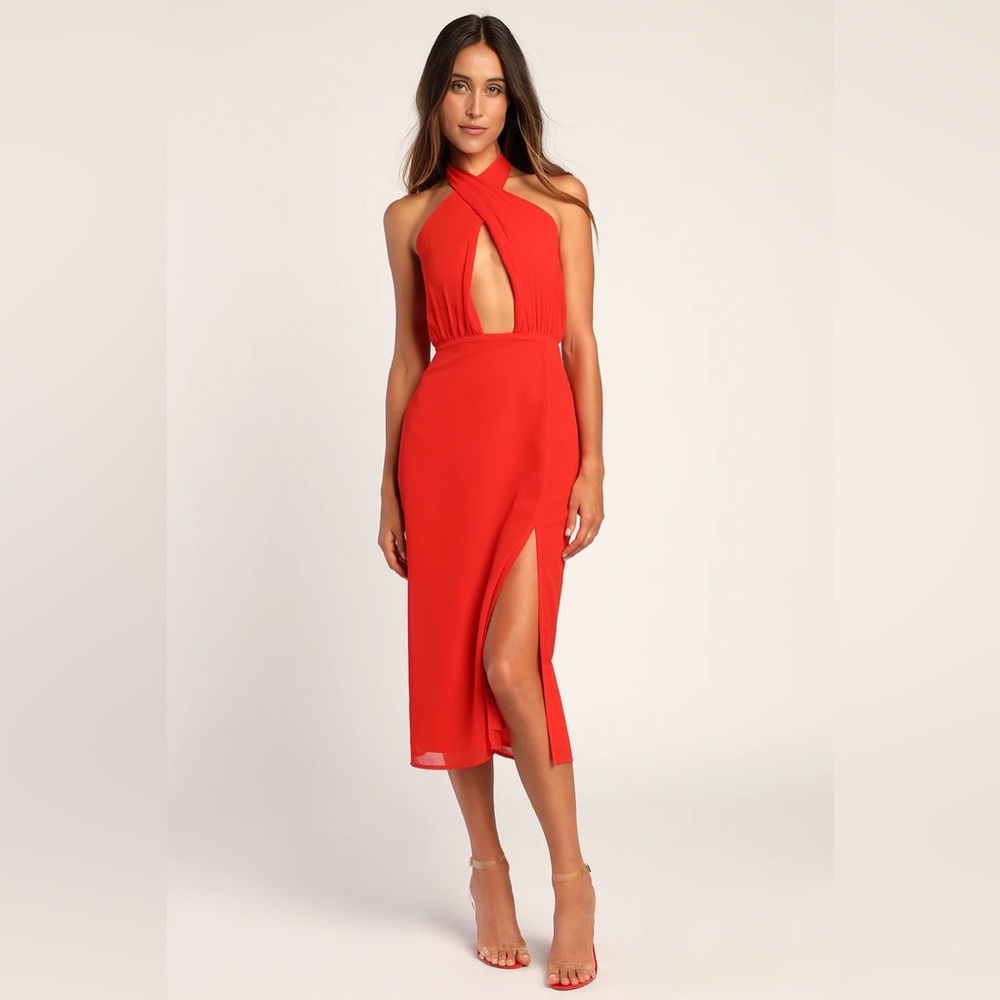 NWT Lulus Flirty Chic Red Cutout Twist-Front Halter Midi Dress
